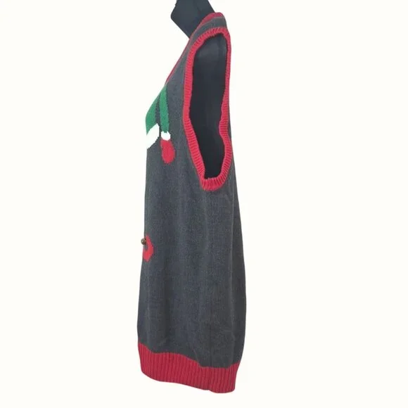 Ugly Christmas Sweater Womens Elf Vest Large Gray & Red Knit Holiday Top - Picture 6 of 9